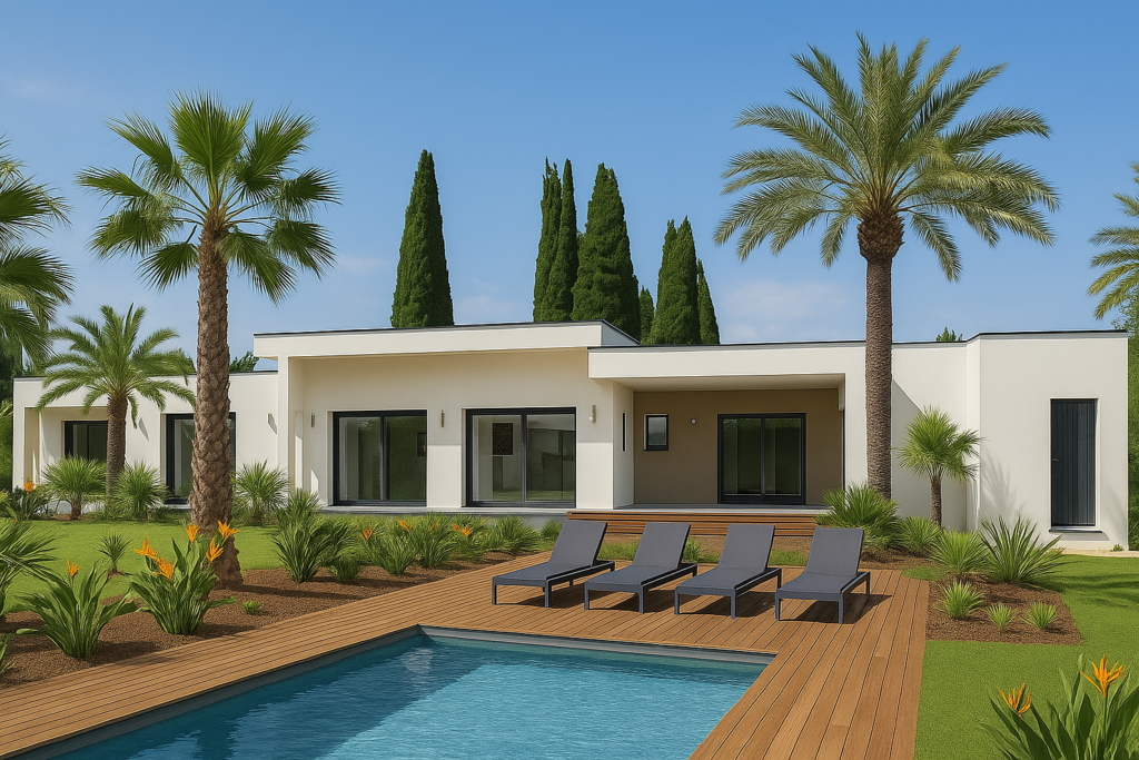 Maison contemporaine de plain-pied avec menuiseries alu RAL 7016